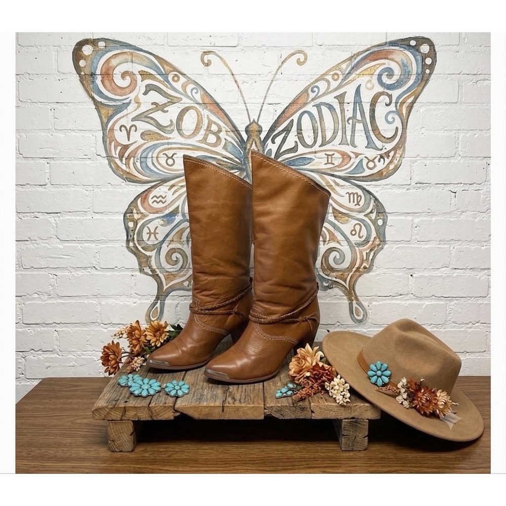 Zodiac rArE Vintage USA 🤑Knee High Boots Cognac vegan leather boho FAIRY-9